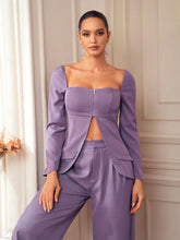 Designer Purple Zipper Long Sleeve Pocket Elegant Blouse